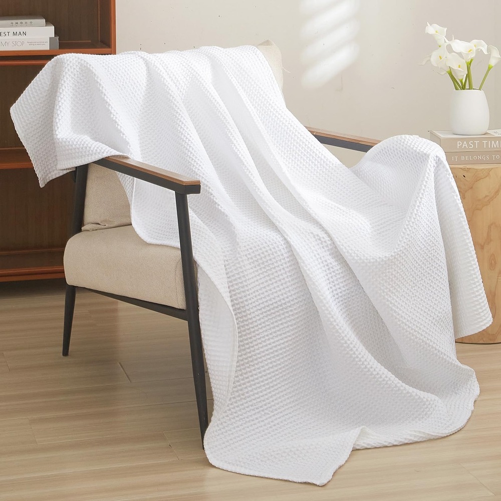 PHF Waffle Weave Throw Blanket 50x60 White Lightweight Breathable Cozy Like New